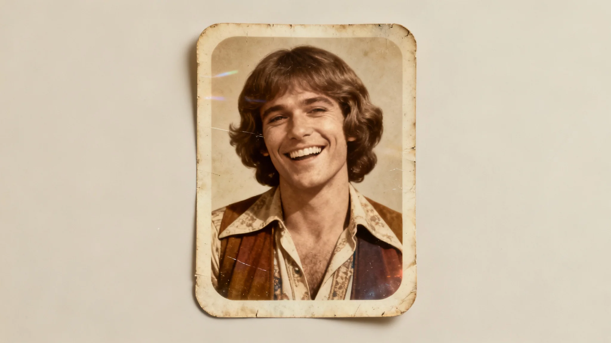 A widescreen hero image displaying the result of a vintage photo effect. The image is a portrait of a person styled in 1970s fashion, transformed to look like an old, faded photograph with sepia tones and film grain.