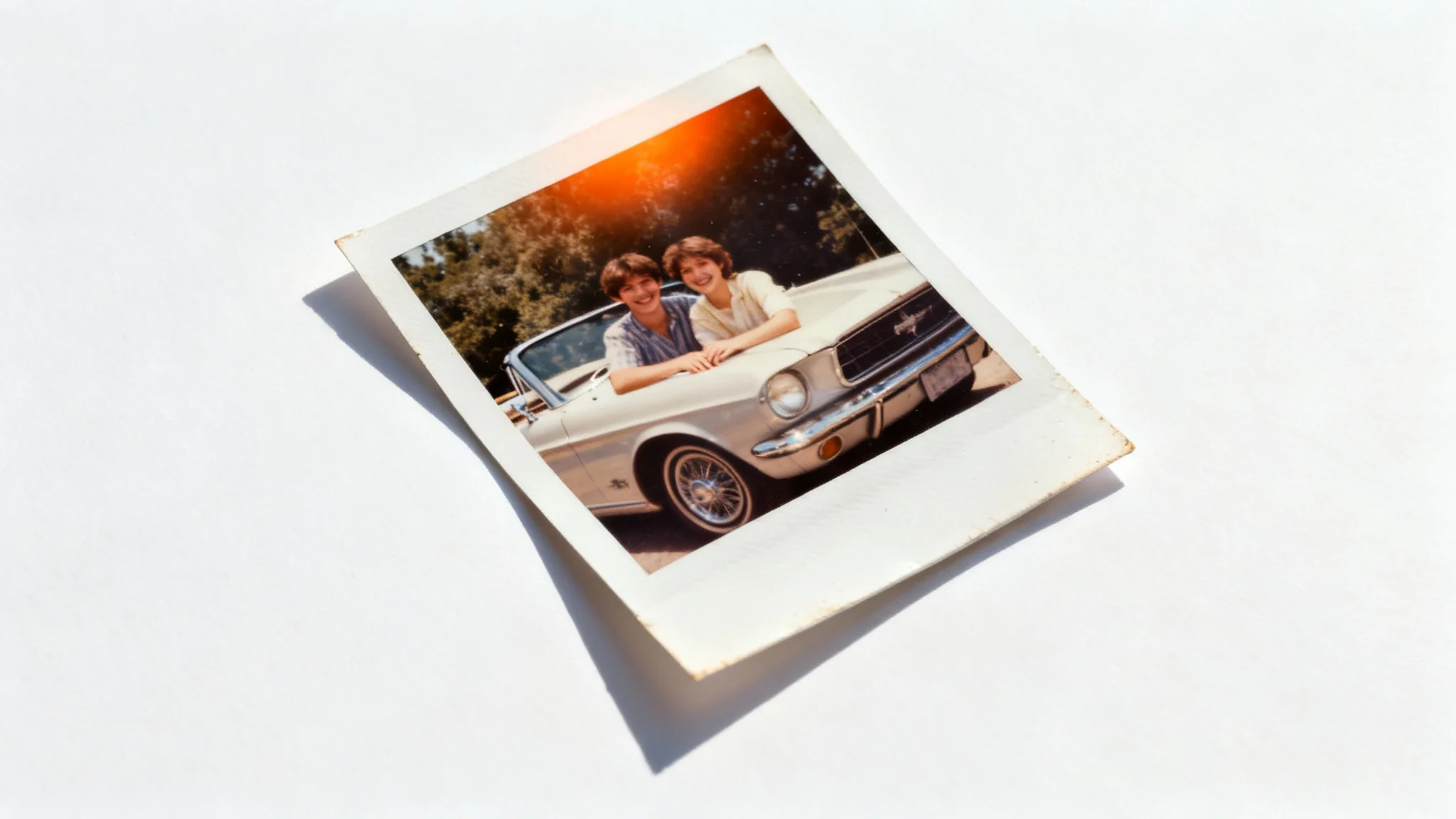 A physical photograph with a vintage effect, showing a couple from the 1980s with a classic car. The photo has faded colors, film grain, and is displayed on a white background.