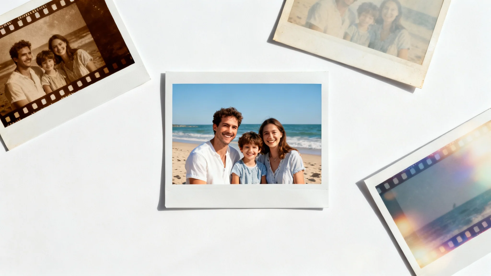 A flat lay of four photographs on a white background. One photo is a modern, colorful picture of a family on a beach. The other three photos are the same picture but with different vintage effects, including sepia, faded colors, and light leaks.