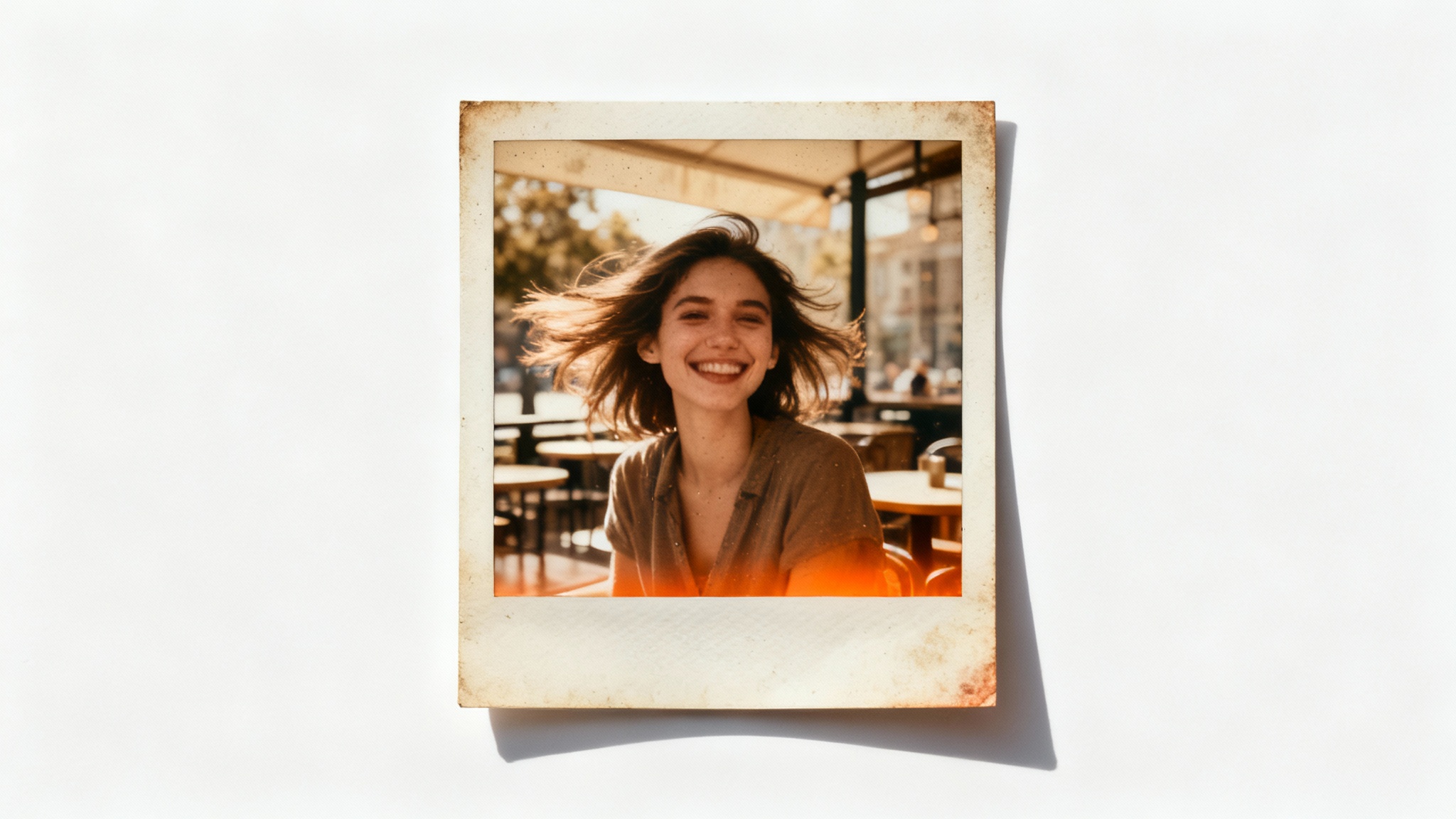 An instant photo print of a smiling woman, edited with a strong vintage effect featuring sepia tones, film grain, and a light leak, resting on a clean white background.