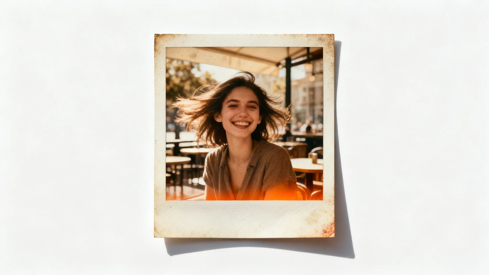 An instant photo print of a smiling woman, edited with a strong vintage effect featuring sepia tones, film grain, and a light leak, resting on a clean white background.