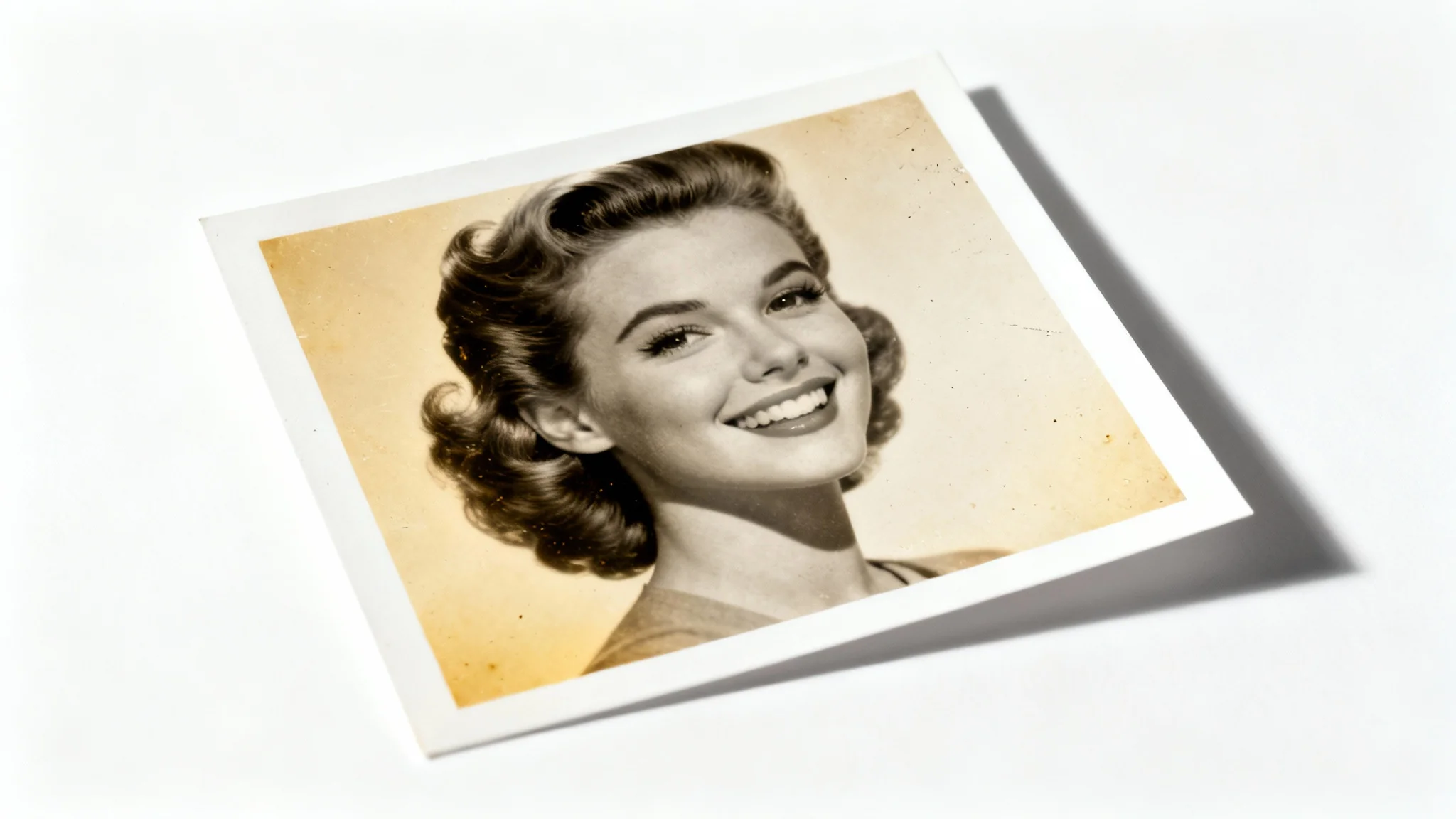 A mockup demonstrating a vintage photo effect, featuring a physical photo print of a smiling woman from the 1950s. The image has faded colors, sepia tones, and film grain, and is placed on a clean white background.