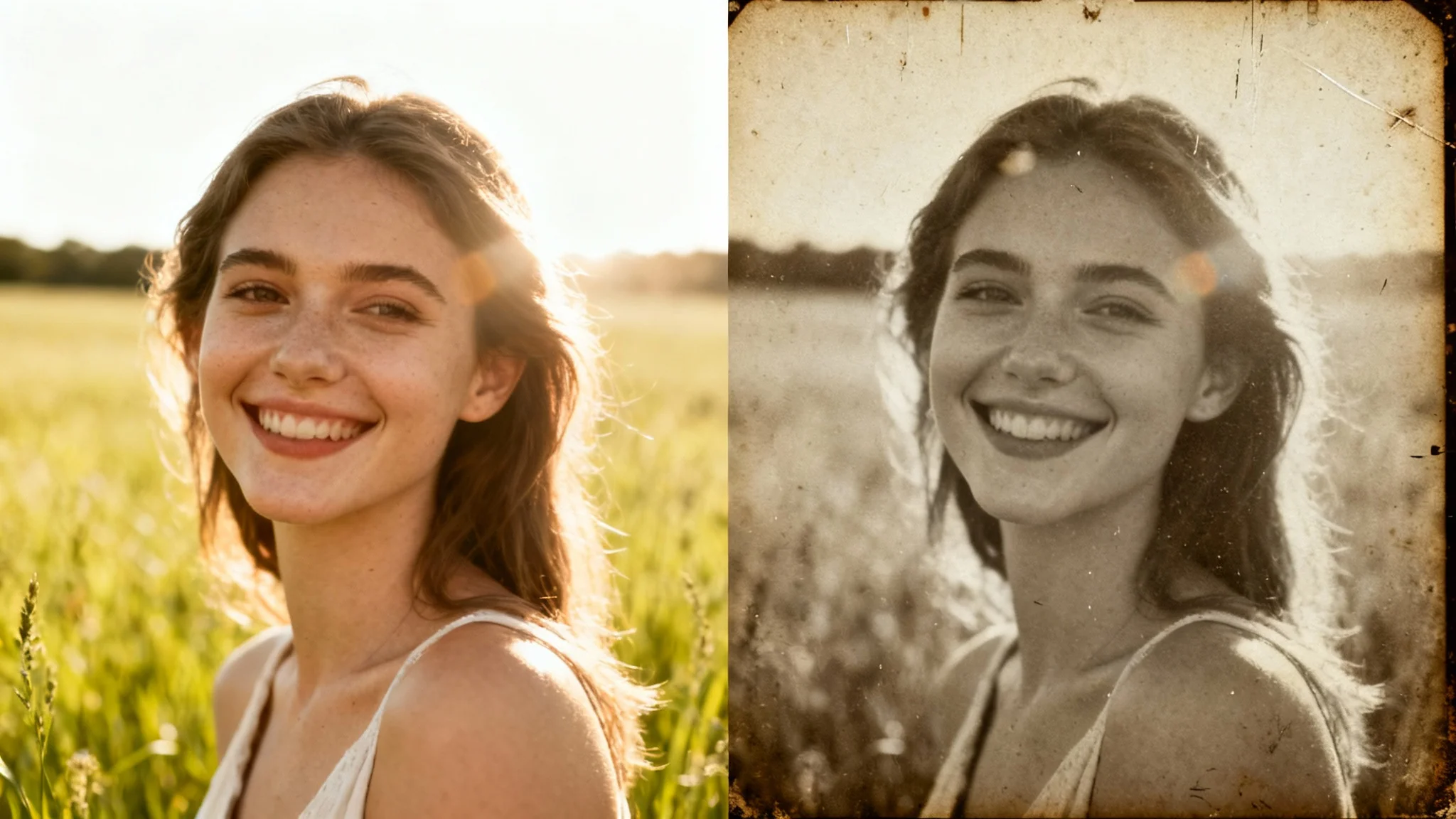 A before-and-after split image demonstrating a vintage photo effect. The left side is a modern, colorful portrait, while the right side shows the same photo with a sepia tone, grain, and aged look.