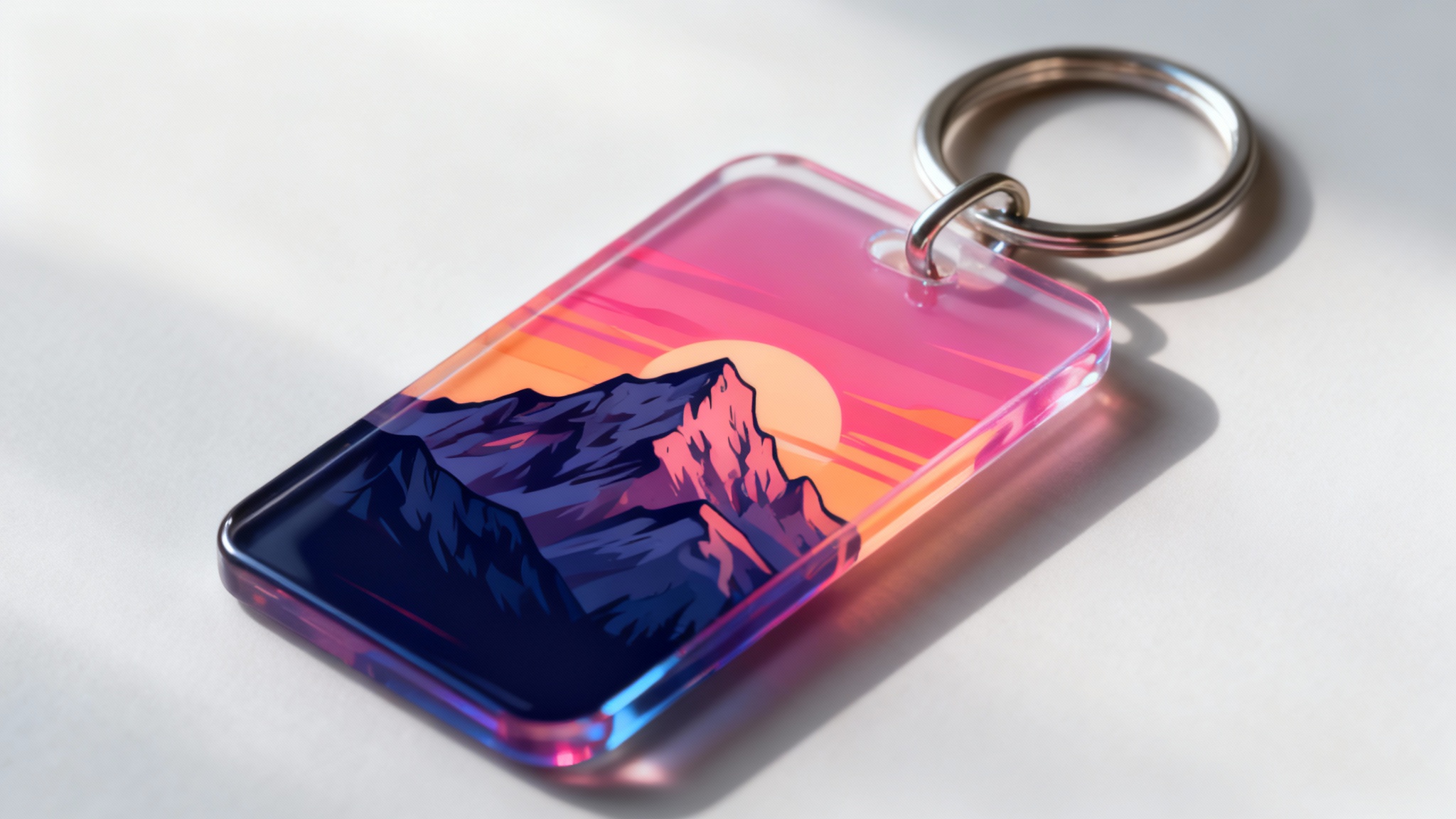 A photorealistic hero image mockup of a rectangular keychain with a glossy finish, showcasing a beautiful final design of a mountain range at sunset. The keychain is displayed in a professional studio setting.