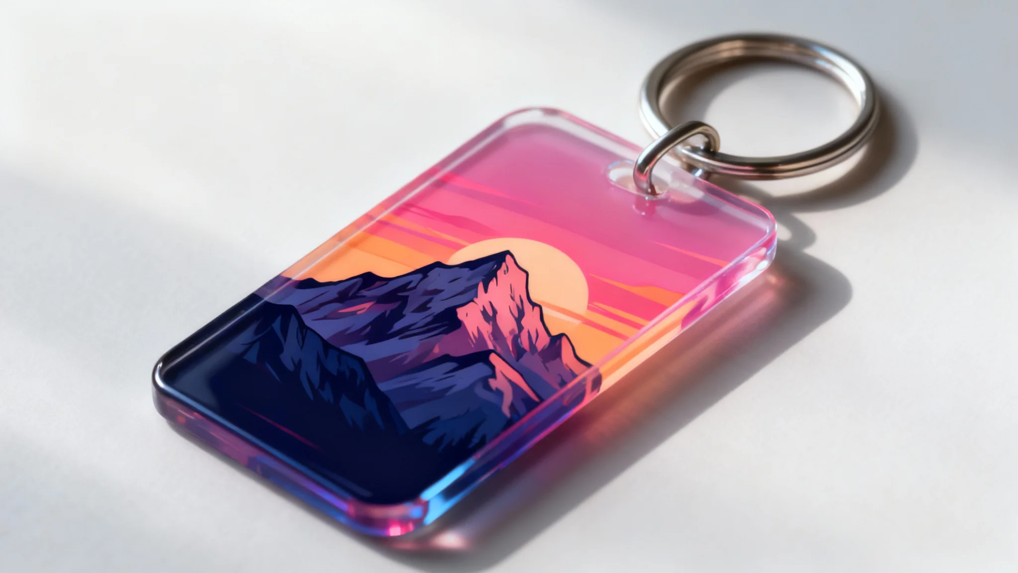 A photorealistic hero image mockup of a rectangular keychain with a glossy finish, showcasing a beautiful final design of a mountain range at sunset. The keychain is displayed in a professional studio setting.