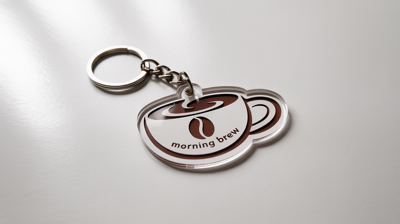 A photorealistic mockup of a custom acrylic keychain shaped like a coffee cup, with a coffee bean logo and the text 'Morning Brew', on a clean white background.