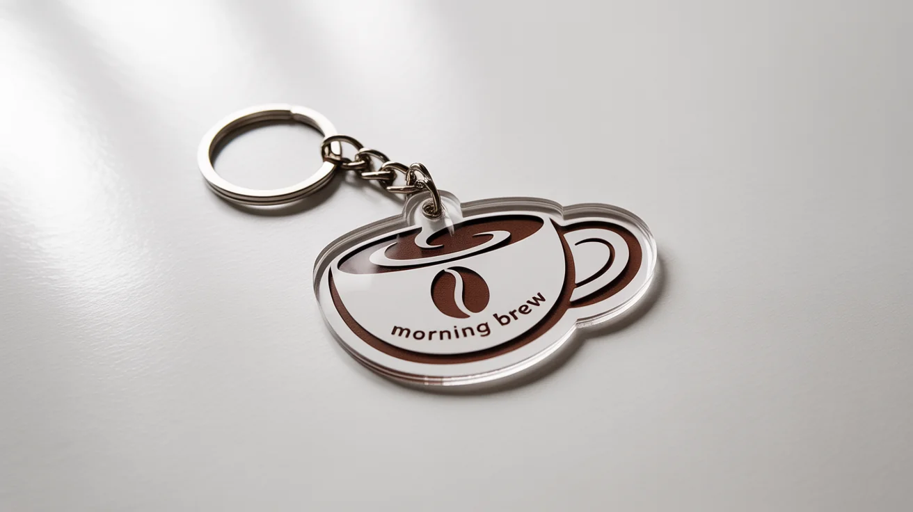 A photorealistic mockup of a custom acrylic keychain shaped like a coffee cup, with a coffee bean logo and the text 'Morning Brew', on a clean white background.