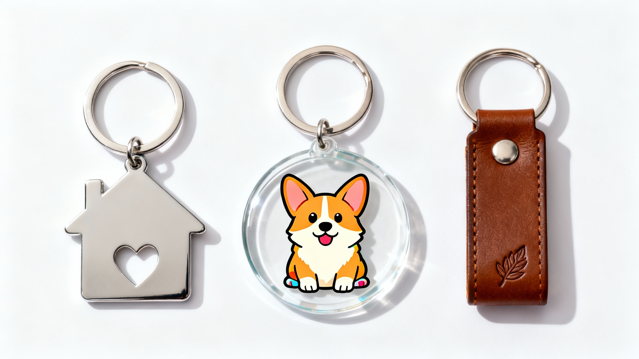A professional product mockup of three custom keychains on a white background: a circular acrylic one with a corgi, a metal house-shaped one, and a leather rectangular one.