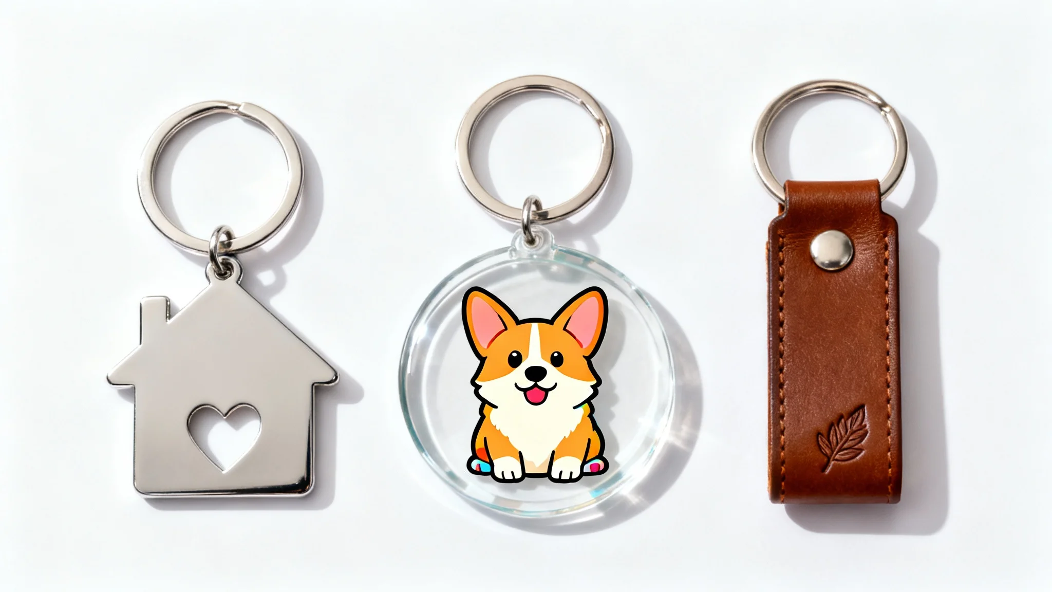A professional product mockup of three custom keychains on a white background: a circular acrylic one with a corgi, a metal house-shaped one, and a leather rectangular one.