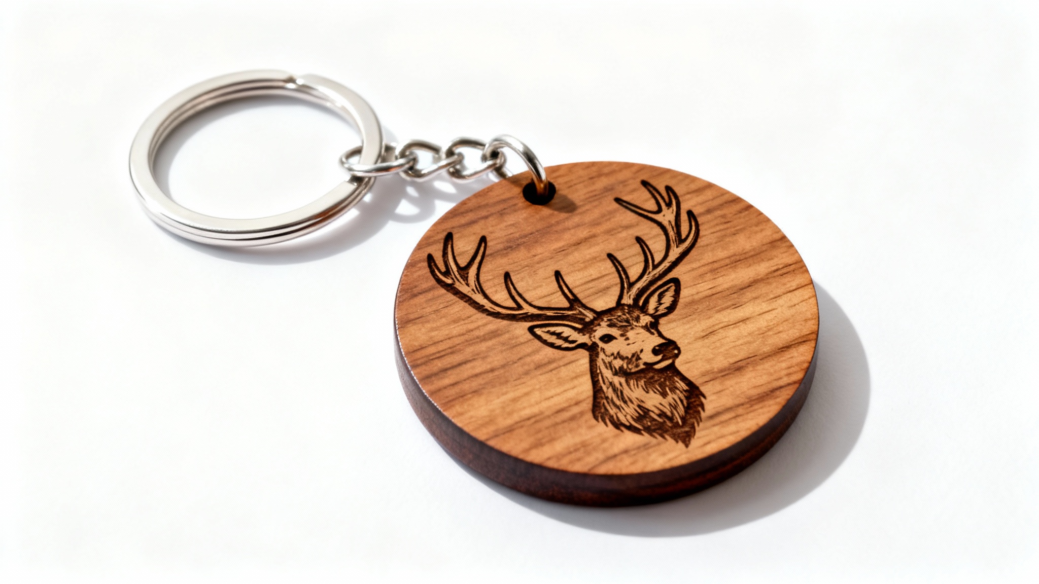 A photorealistic mockup of a circular wooden keychain with a laser-engraved stag's head, attached to a silver ring and chain, set against a clean white background.