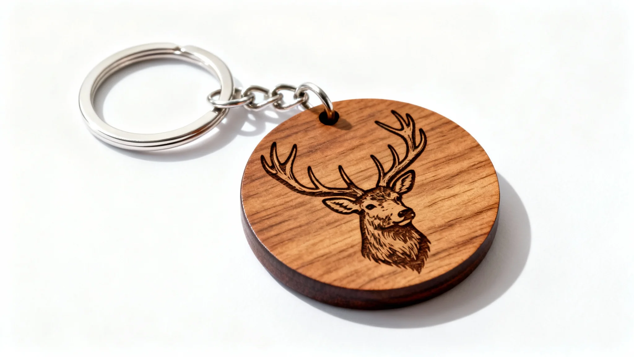 A photorealistic mockup of a circular wooden keychain with a laser-engraved stag's head, attached to a silver ring and chain, set against a clean white background.