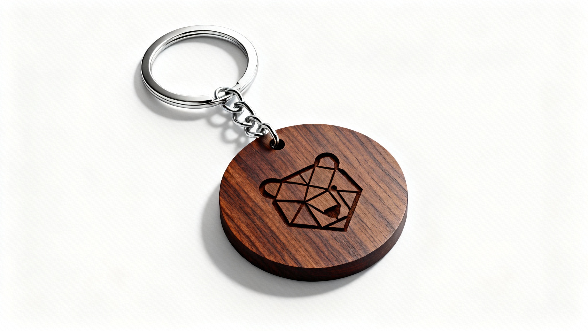 A photorealistic mockup of a circular wooden keychain with a laser-etched geometric bear icon, shown on a clean white background.