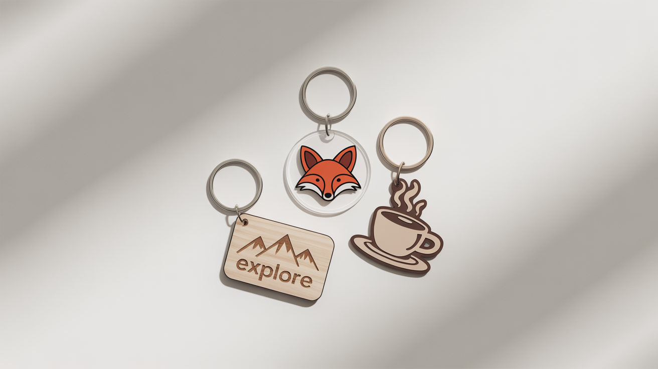 A professional mockup of three custom keychains a circular acrylic one with a fox, a rectangular wooden one engraved with 'EXPLORE', and a metal one shaped like a coffee cup, arranged on a white background.