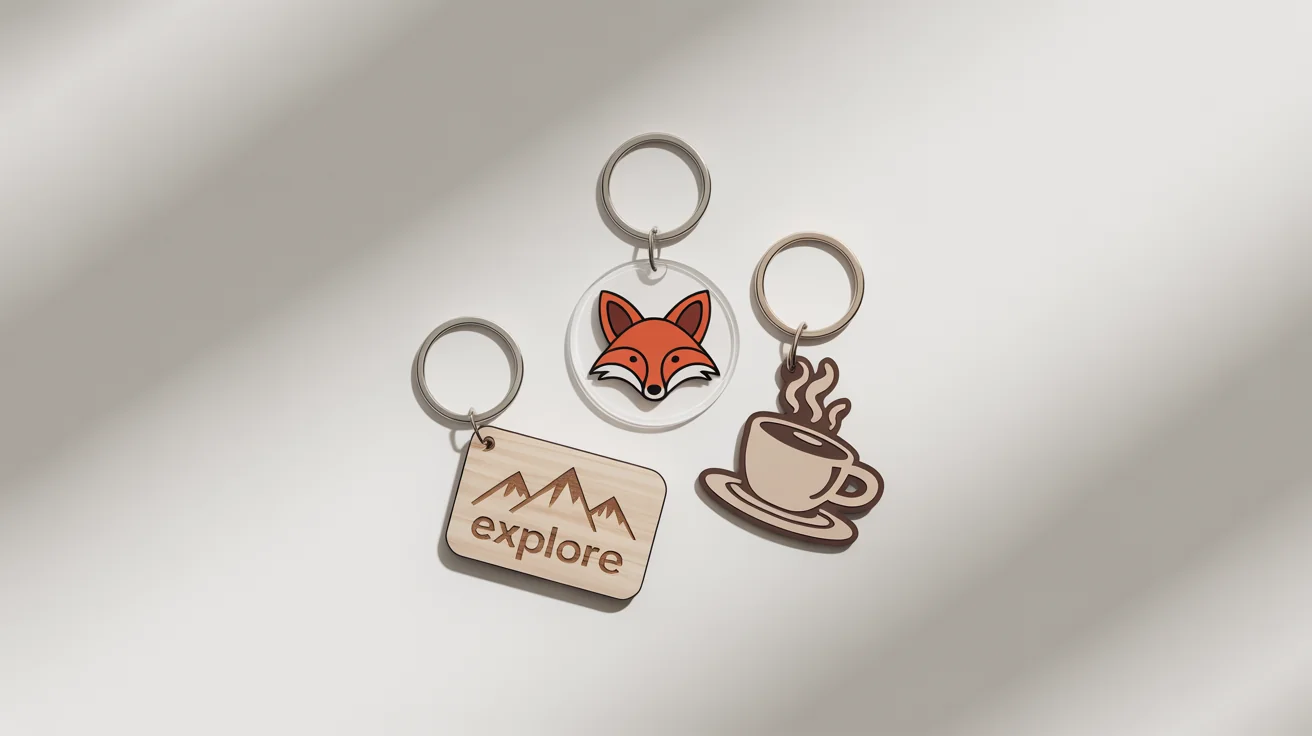 A professional mockup of three custom keychains a circular acrylic one with a fox, a rectangular wooden one engraved with 'EXPLORE', and a metal one shaped like a coffee cup, arranged on a white background.