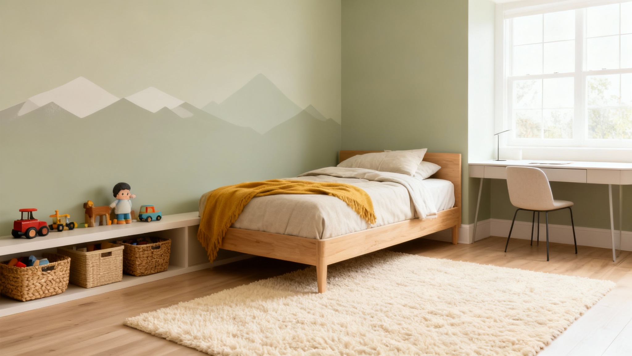 A professionally designed kids' bedroom shown as the 'after' result of a design tool. The room is modern and calm, with sage green walls, a minimalist mountain mural, a sleek wooden bed, and neatly organized toys.