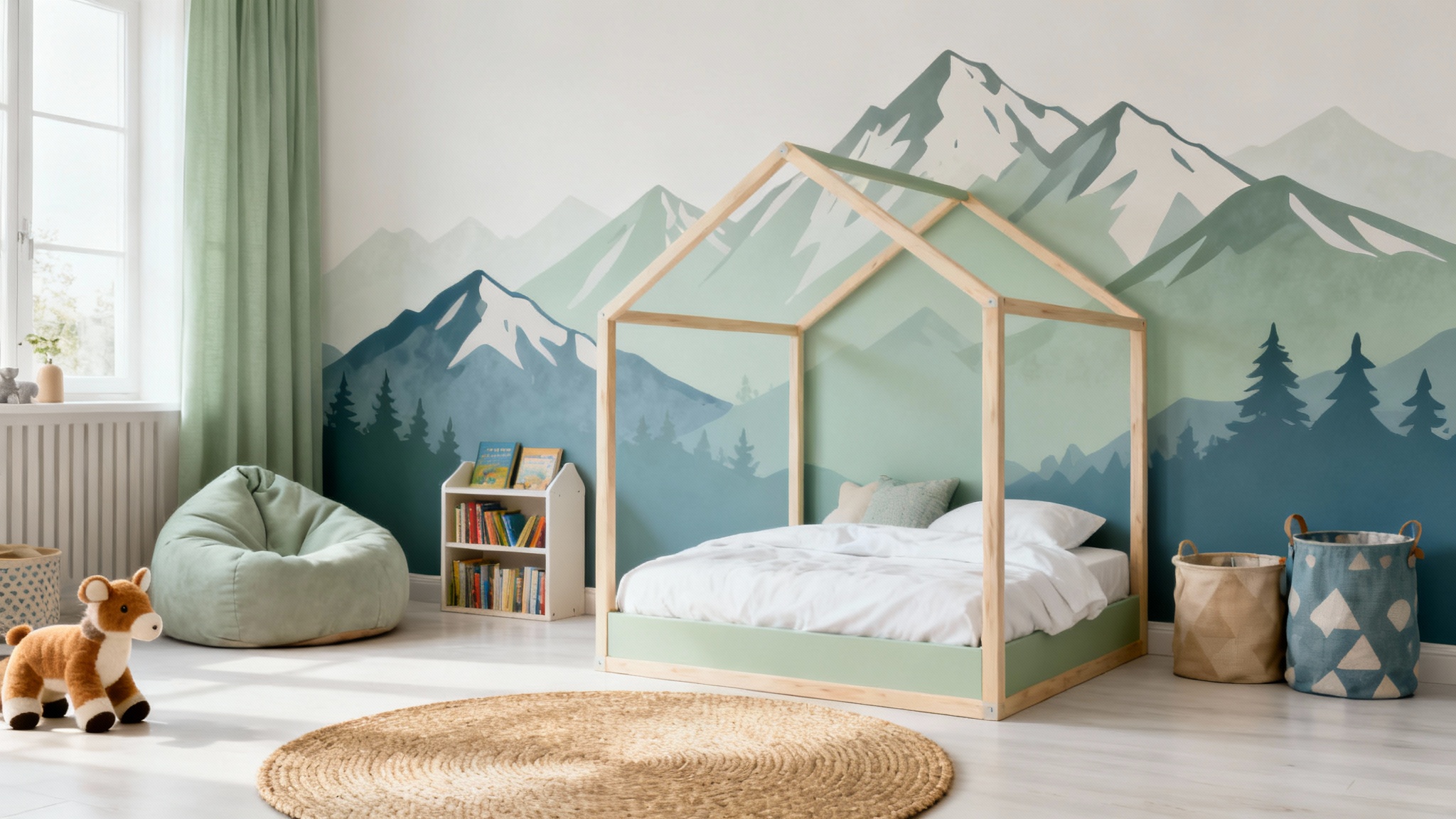 A stylish, modern kid's bedroom with an adventure theme, featuring a house-frame bed, a mountain mural, and light wood furniture in a bright, airy space.