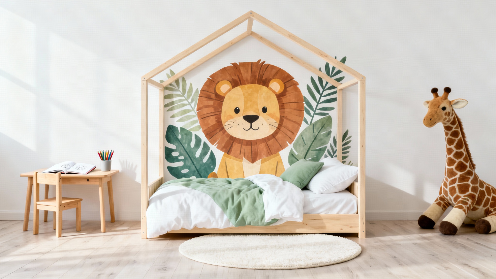 A professionally staged mockup of a modern kids' bedroom design with a house-frame bed, jungle-themed wall decal, and minimalist wooden furniture against a clean white background.