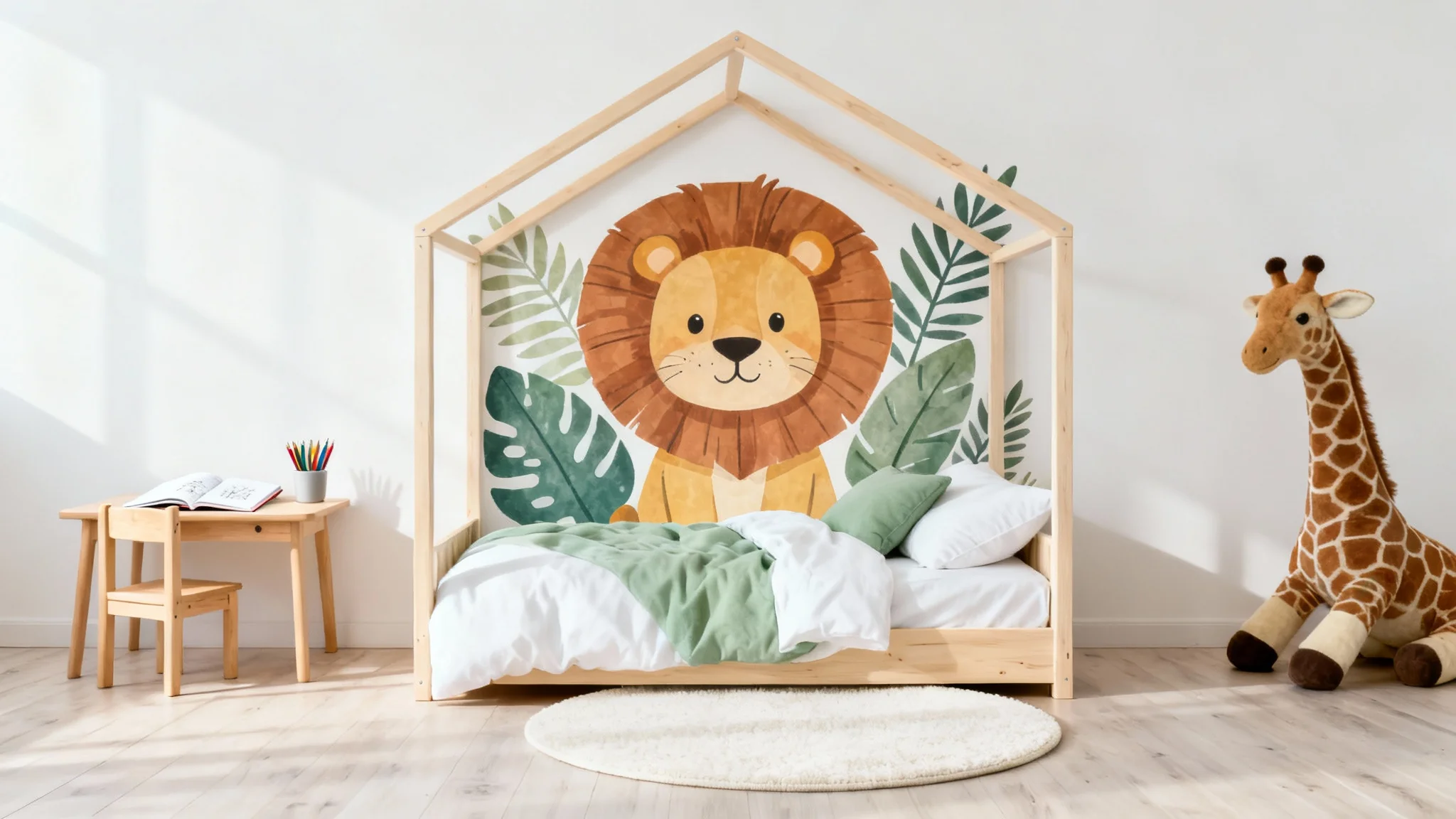 A professionally staged mockup of a modern kids' bedroom design with a house-frame bed, jungle-themed wall decal, and minimalist wooden furniture against a clean white background.