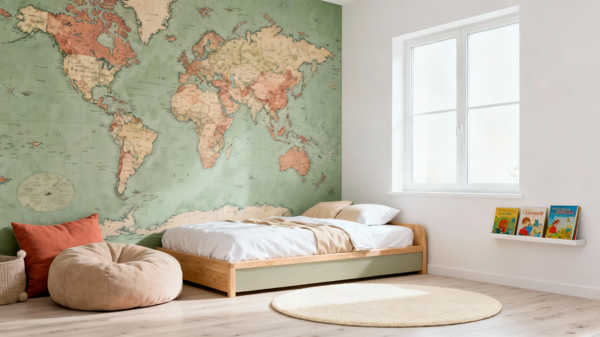 A photorealistic mockup of a modern and whimsical kids bedroom with an adventure theme, featuring a world map mural and soft, natural lighting, set against a white background.