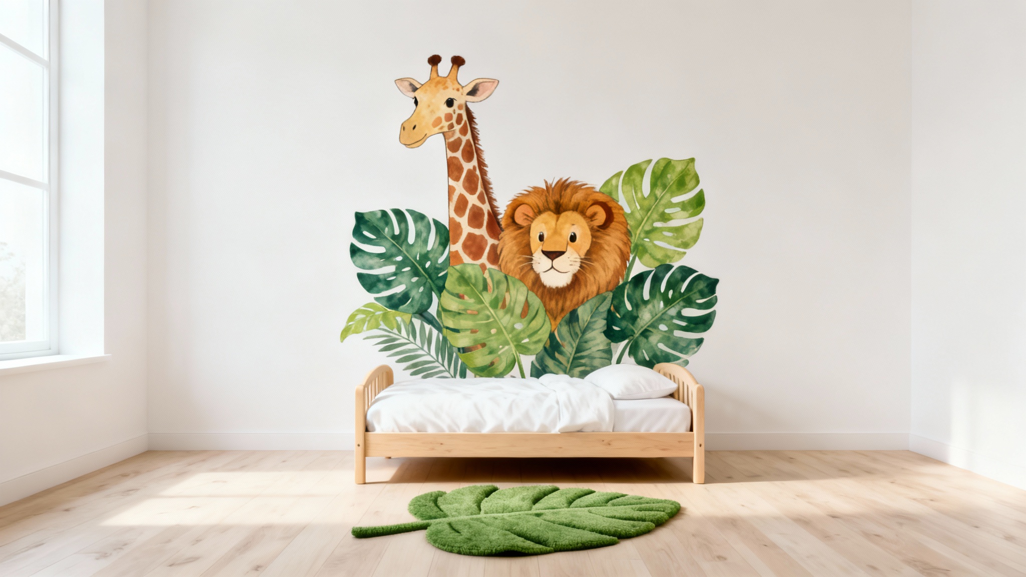 A 3D render of a bright and modern kids' bedroom with a jungle theme, featuring a wooden bed, a large wall decal of a giraffe and lion, and a leaf-shaped rug.
