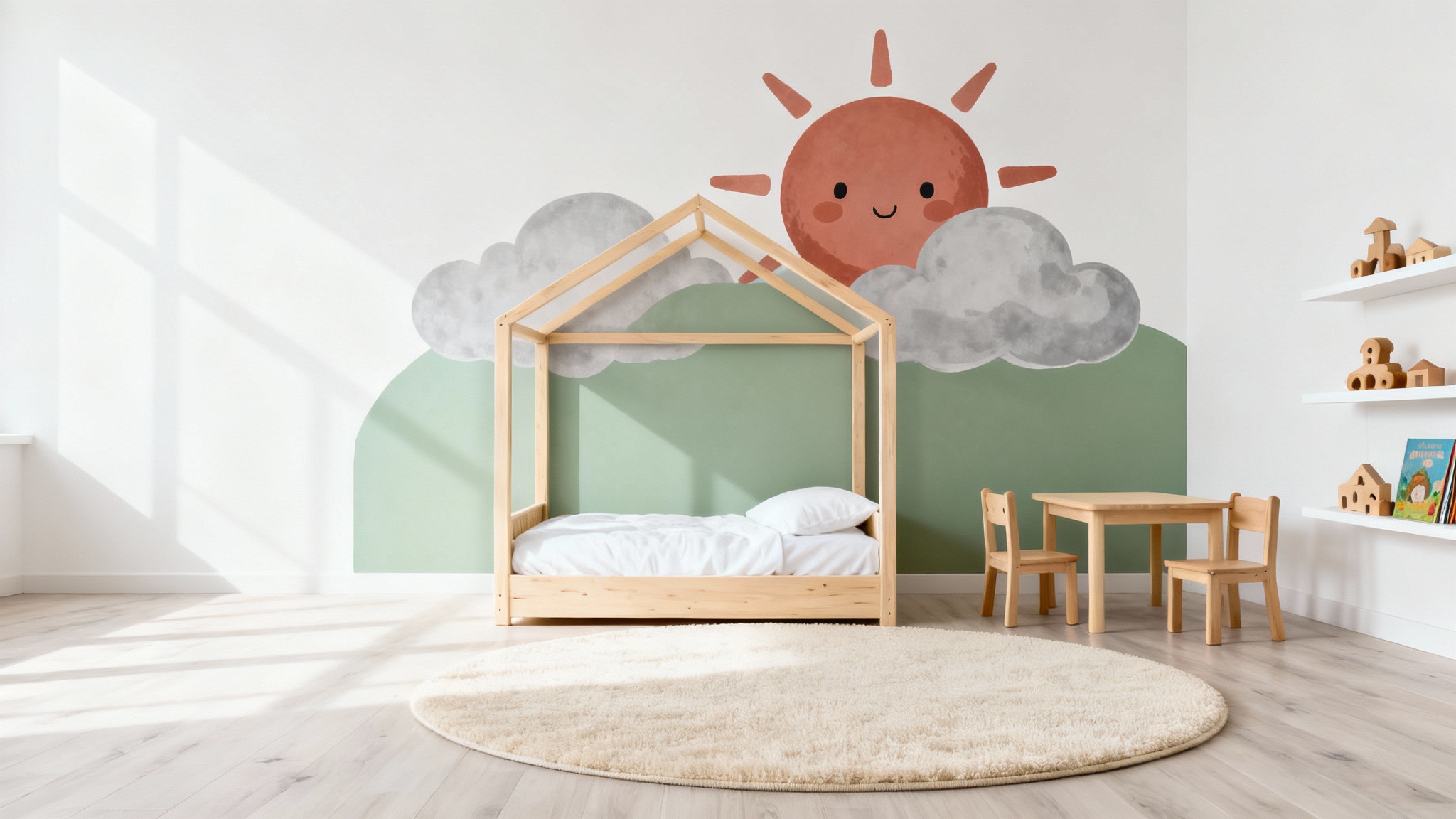 A beautifully designed modern kid's bedroom with a sun and clouds wall decal, a house-shaped bed frame, and a neutral color palette, shown as a design mockup.