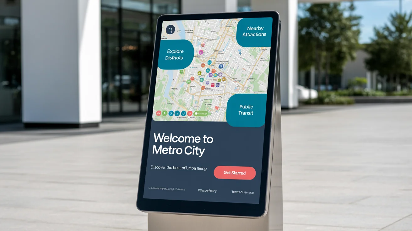 A close-up photograph of a modern kiosk's touch screen, showcasing a beautifully designed city guide interface with vibrant colors, an interactive map, and clear, legible text and buttons.