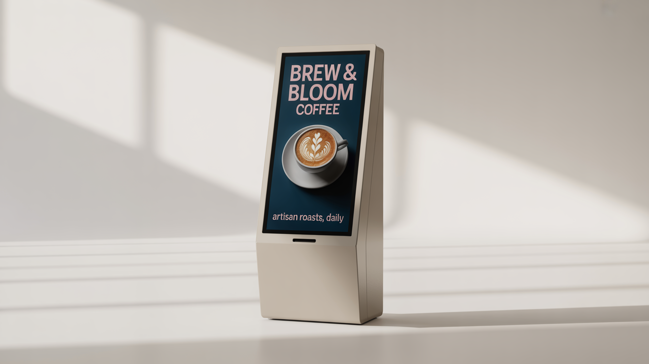 A photorealistic mockup of a modern white digital kiosk displaying an advertisement for 'Brew & Bloom Coffee' on its screen, standing against a plain white background.