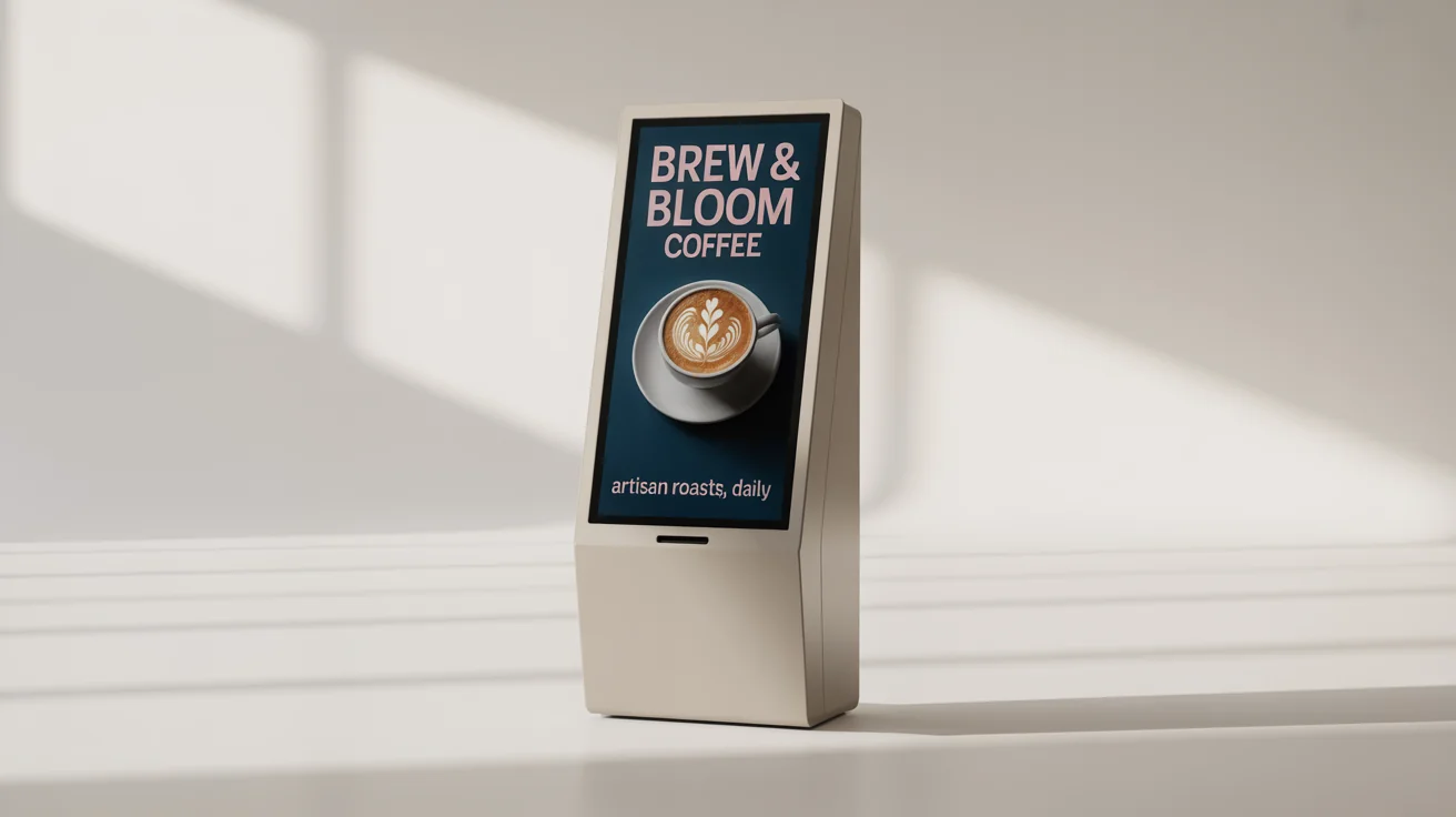 A photorealistic mockup of a modern white digital kiosk displaying an advertisement for 'Brew & Bloom Coffee' on its screen, standing against a plain white background.