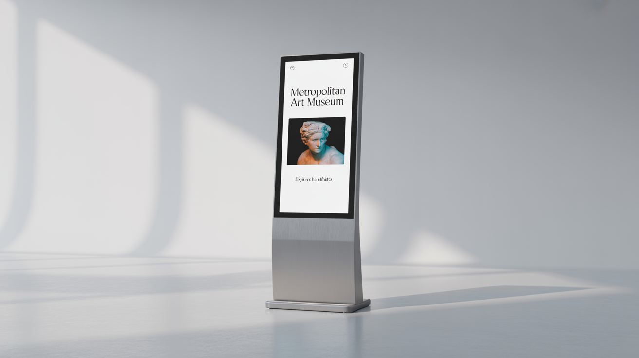A modern, silver digital kiosk with a touchscreen displaying an exhibit guide for the 'Metropolitan Art Museum', shown against a clean white background.