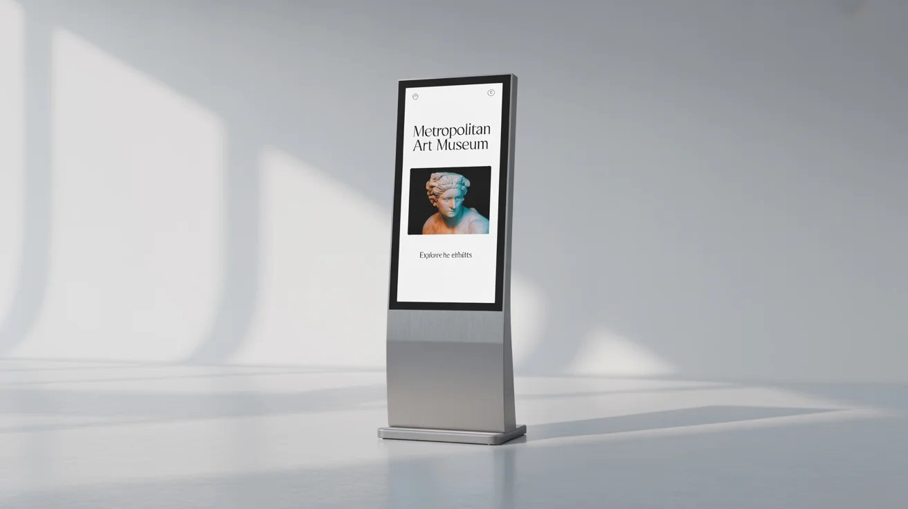 A modern, silver digital kiosk with a touchscreen displaying an exhibit guide for the 'Metropolitan Art Museum', shown against a clean white background.