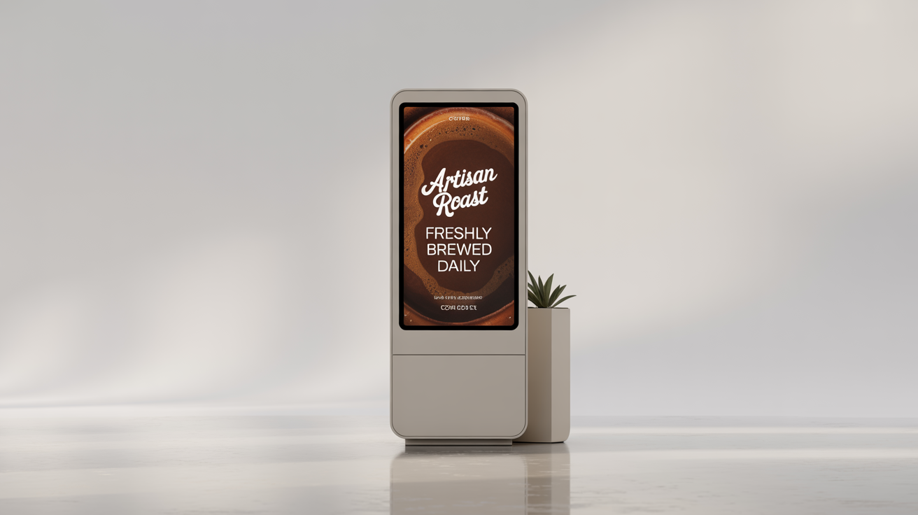 A photorealistic mockup of a modern, white digital kiosk displaying a design for 'Artisan Roast' coffee, set against a clean white background.