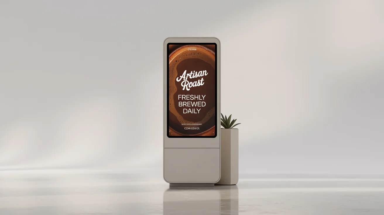 A photorealistic mockup of a modern, white digital kiosk displaying a design for 'Artisan Roast' coffee, set against a clean white background.