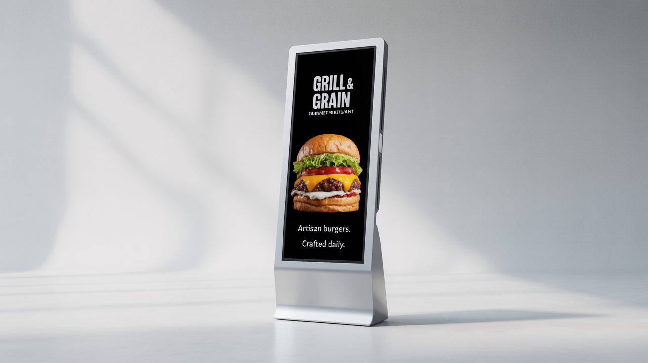 A sleek, modern digital kiosk displaying an advertisement for a gourmet burger restaurant called 'Grill & Grain' against a clean white background.