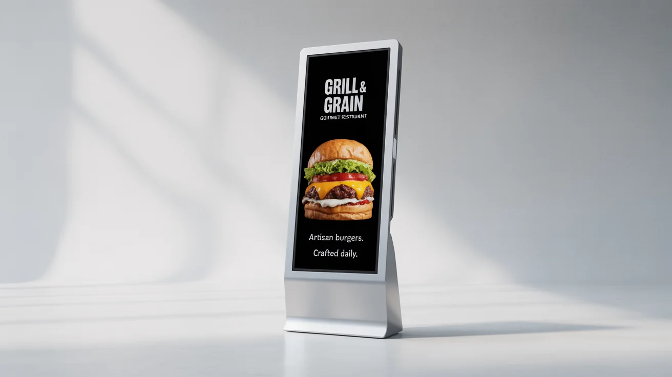 A sleek, modern digital kiosk displaying an advertisement for a gourmet burger restaurant called 'Grill & Grain' against a clean white background.