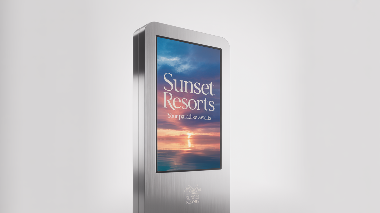 A sleek, modern digital kiosk mockup with a brushed metal finish, displaying an ad for 'Sunset Resorts' on its vertical screen against a white background.