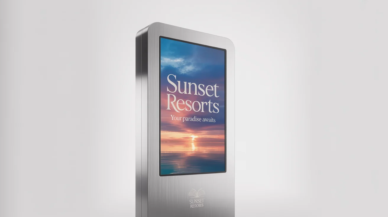 A sleek, modern digital kiosk mockup with a brushed metal finish, displaying an ad for 'Sunset Resorts' on its vertical screen against a white background.
