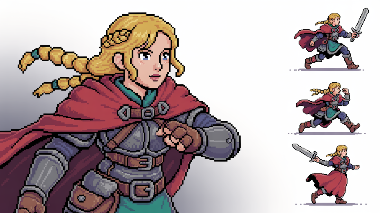 A 16-bit pixel art sprite sheet showing the final result of a character design tool. A blonde female adventurer is shown in various action poses like walking, running, jumping, and attacking with a sword, all arranged in a neat grid on a white background.