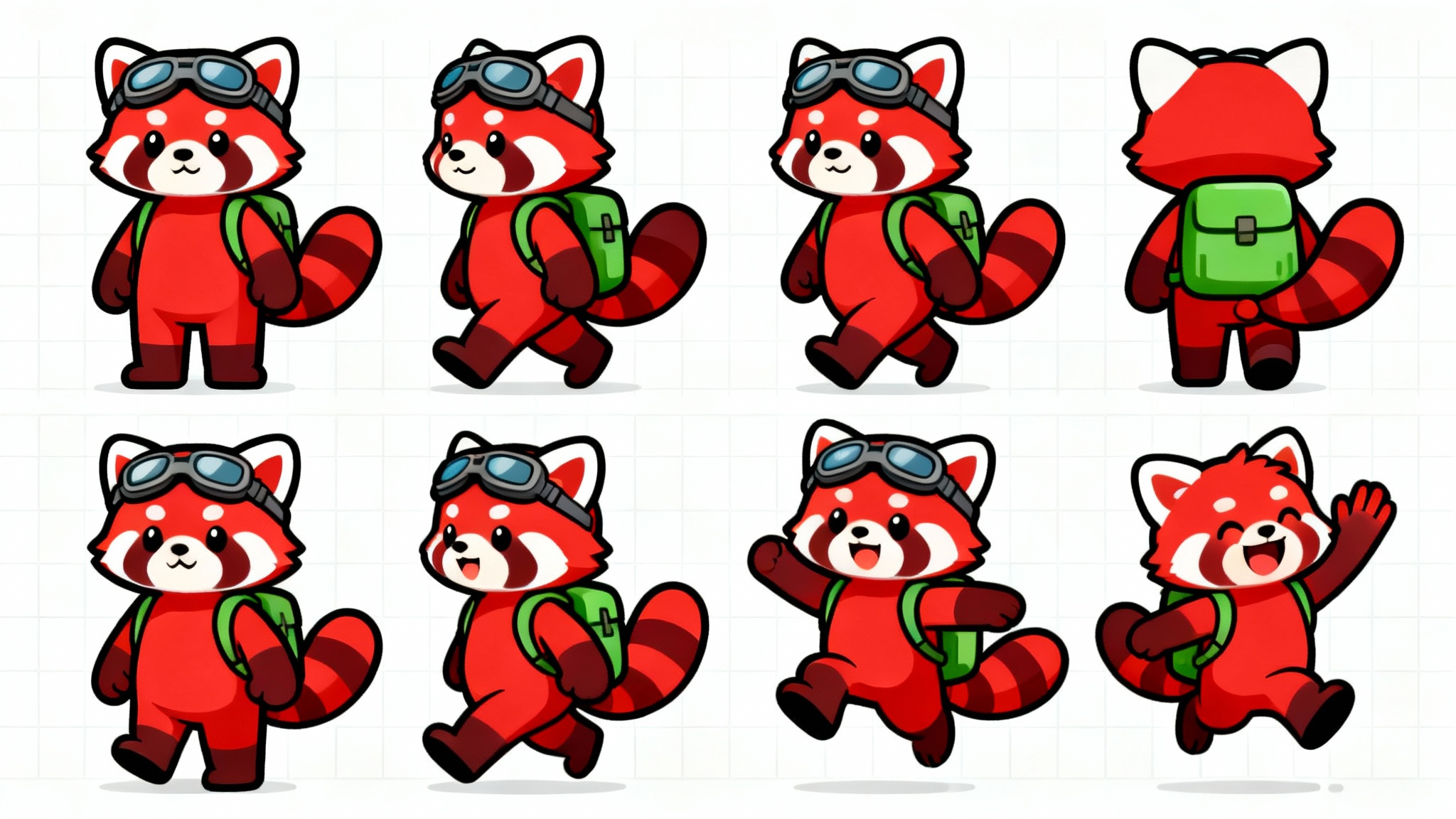 A 2D character sprite sheet of a cartoon red panda adventurer, showing animation frames for walking, jumping, and waving, on a white background.