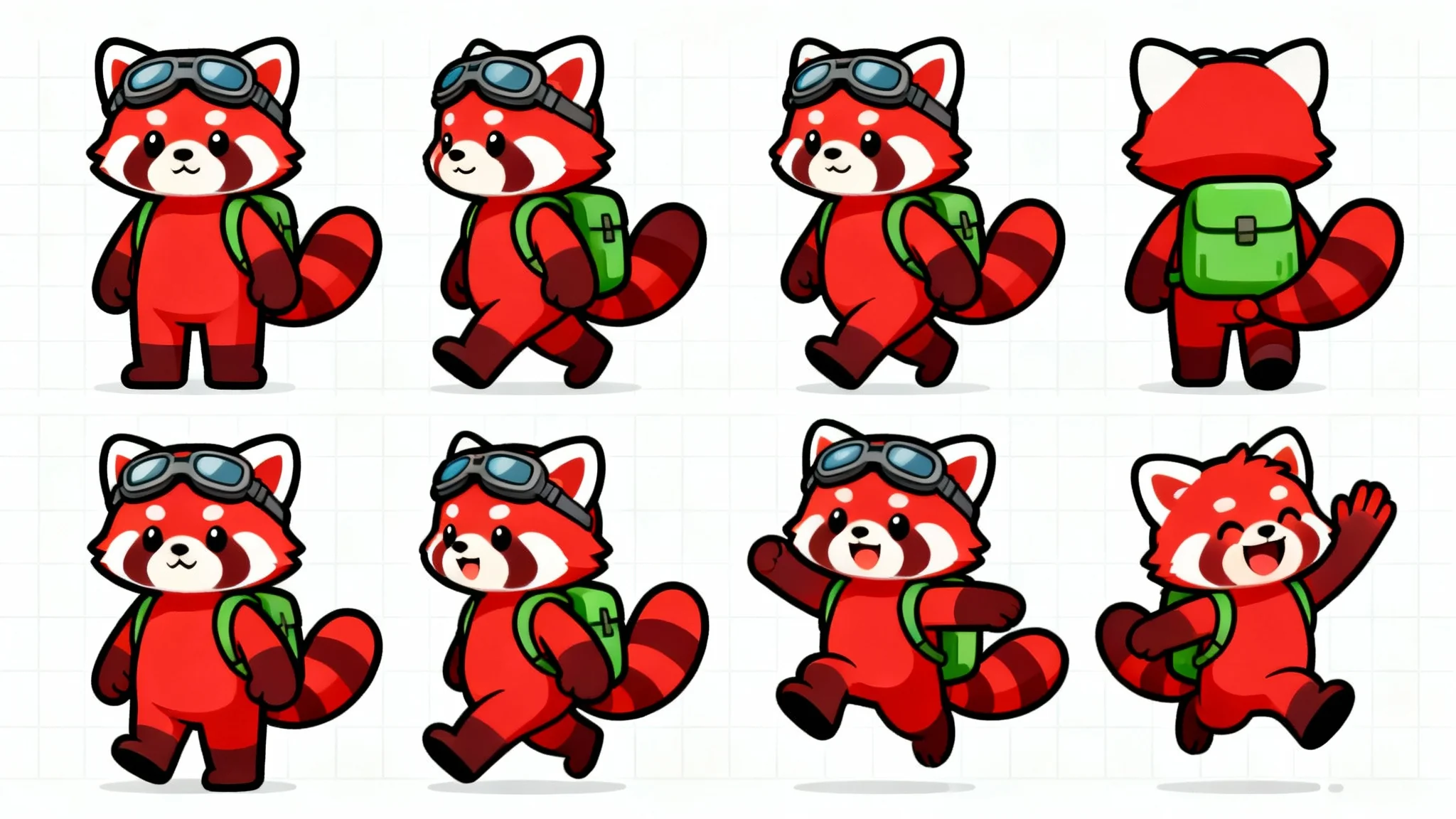 A 2D character sprite sheet of a cartoon red panda adventurer, showing animation frames for walking, jumping, and waving, on a white background.