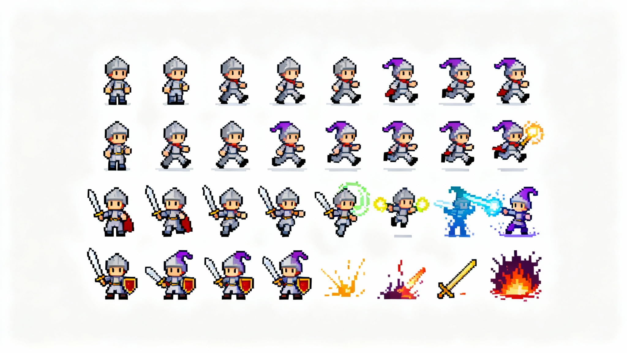 A 2D pixel art character sprite sheet showing a small fantasy character in various animation poses like standing, walking, running, and attacking, laid out in a grid on a white background.