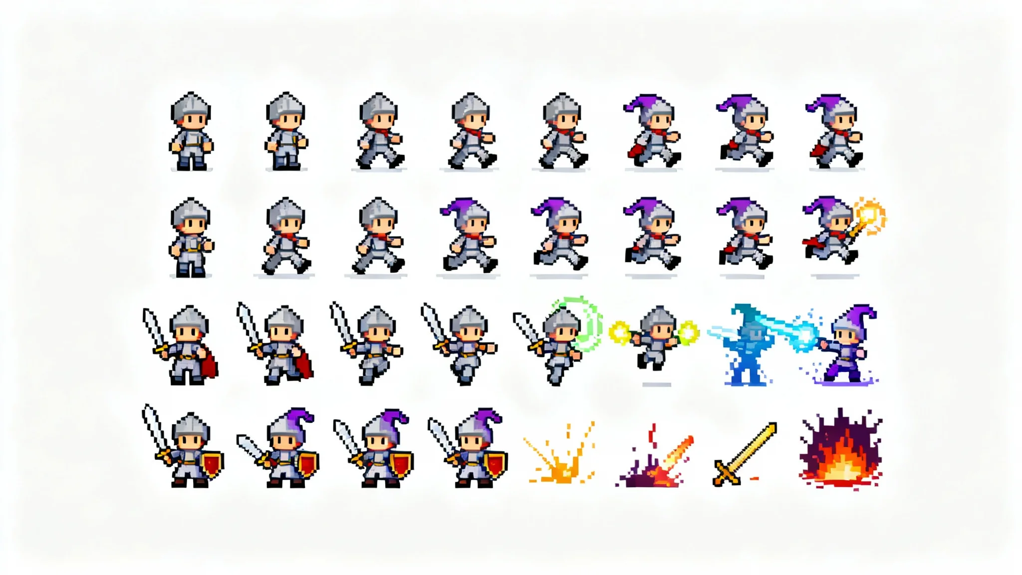 A 2D pixel art character sprite sheet showing a small fantasy character in various animation poses like standing, walking, running, and attacking, laid out in a grid on a white background.