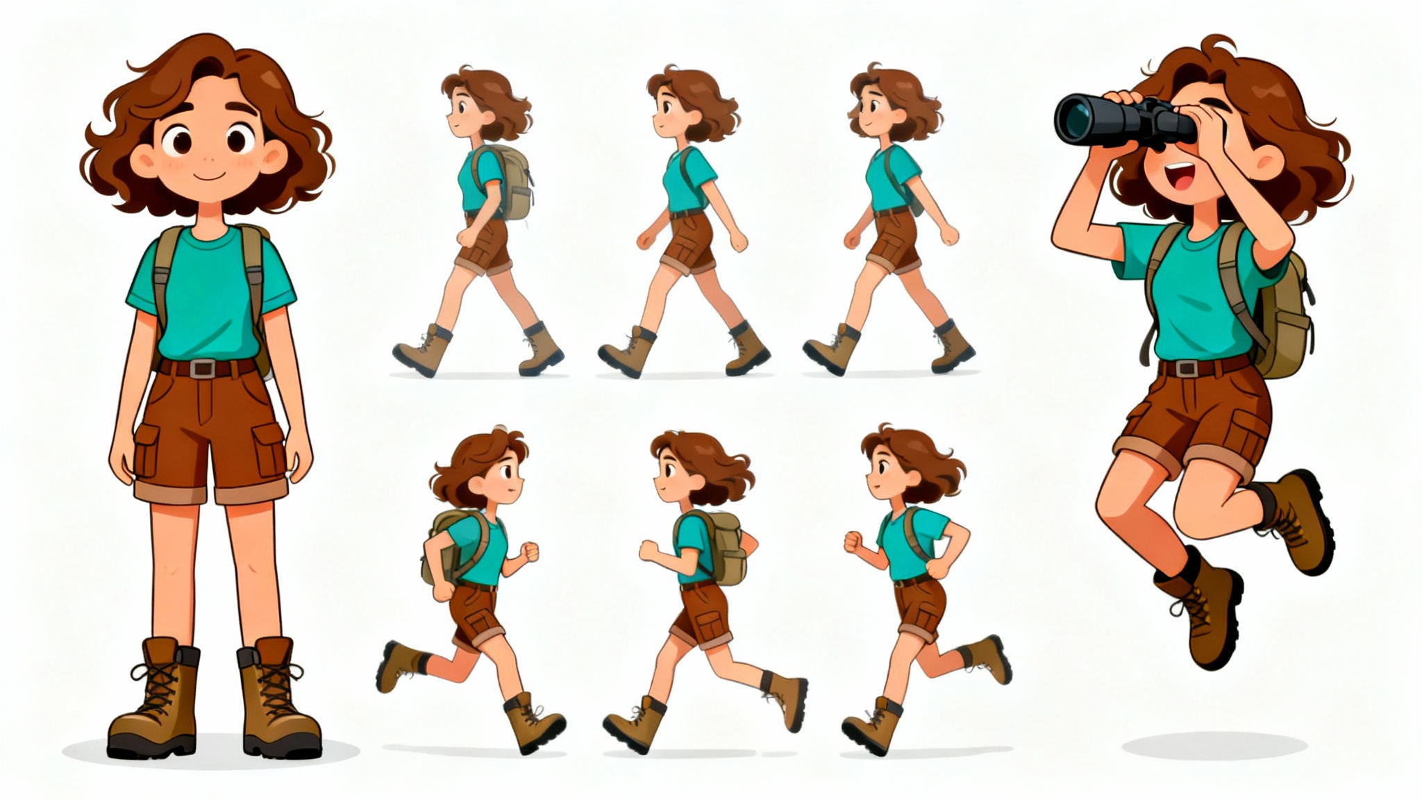 A 2D character sprite sheet of a female explorer in a cartoon style, displaying animation frames for walking, running, and using binoculars, set against a white background.