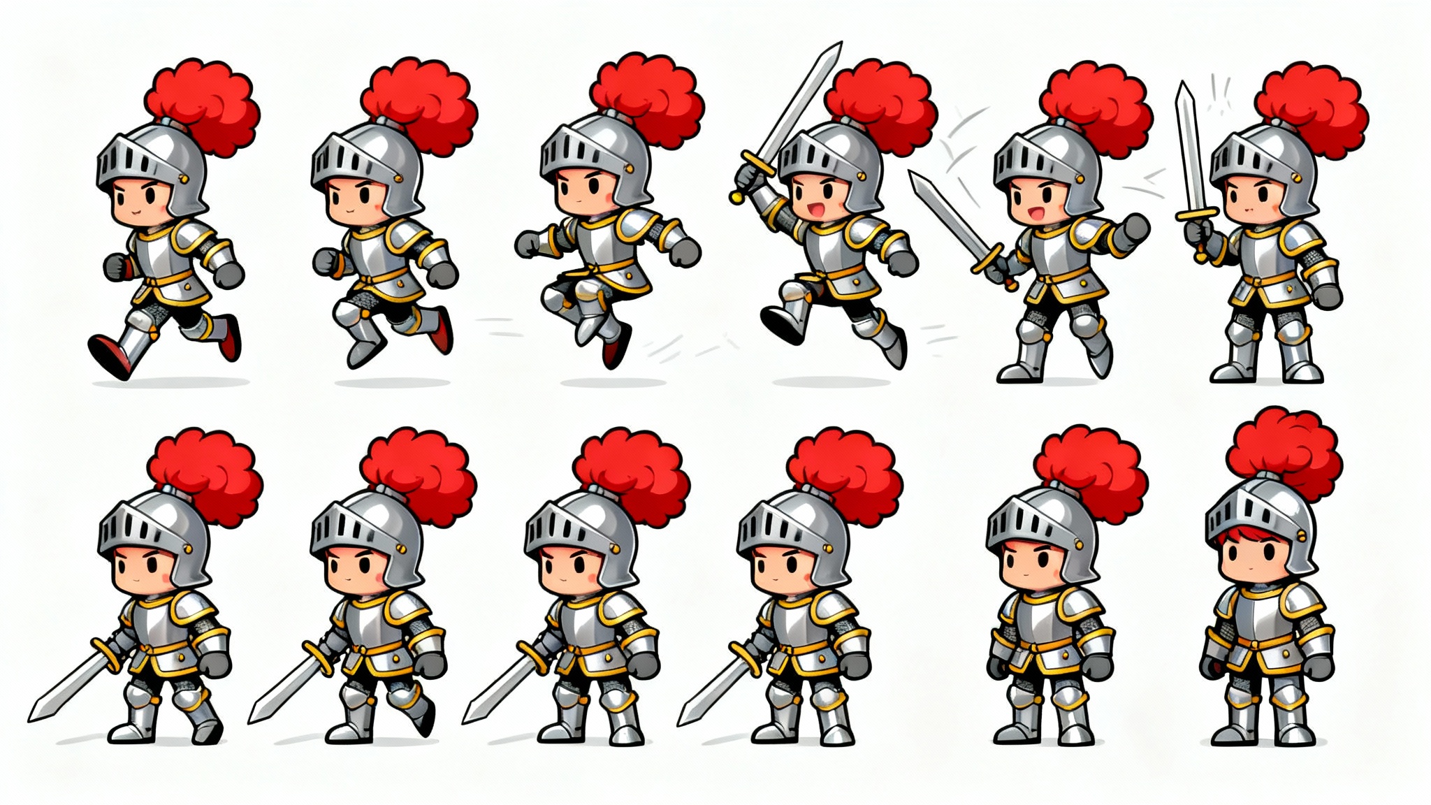 A 2D character sprite sheet for a cartoon knight in silver armor, showing animation frames for walking, jumping, and attacking, all arranged in a grid on a white background.