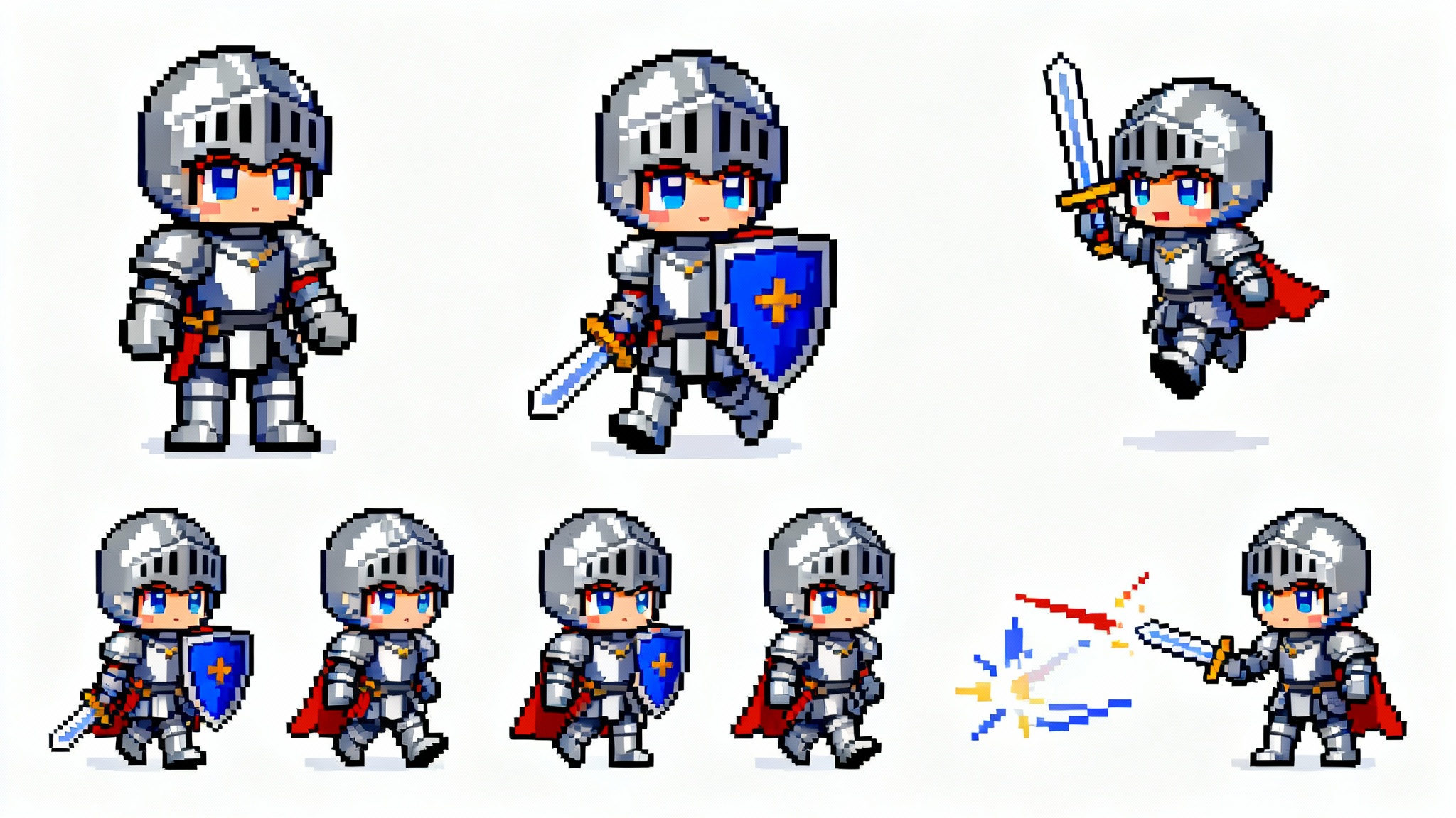 A 16-bit pixel art sprite sheet of a small knight character, showing animation frames for walking, jumping, and attacking, set against a white background.