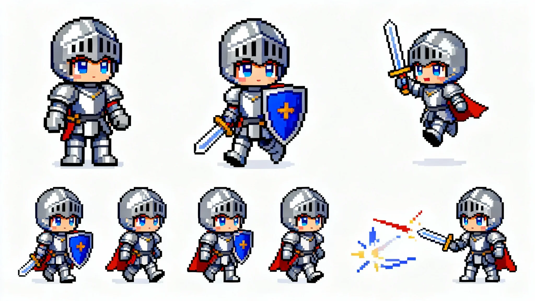 A 16-bit pixel art sprite sheet of a small knight character, showing animation frames for walking, jumping, and attacking, set against a white background.