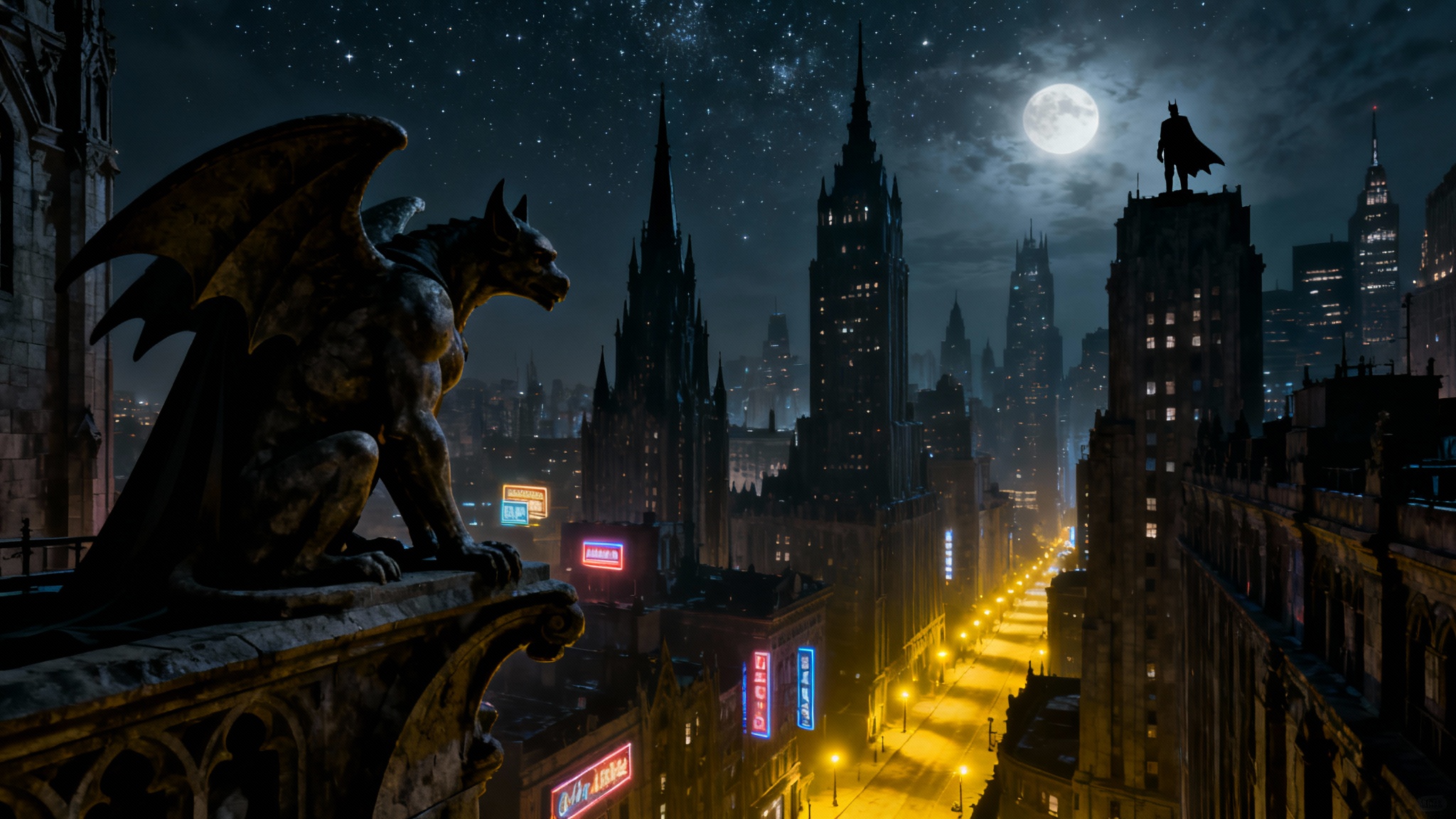 A cinematic 16:9 wallpaper of Gotham City at night, featuring towering gothic skyscrapers under a starry sky. A stone gargoyle is silhouetted in the foreground, while the faint figure of Batman watches over the city from a distant rooftop.