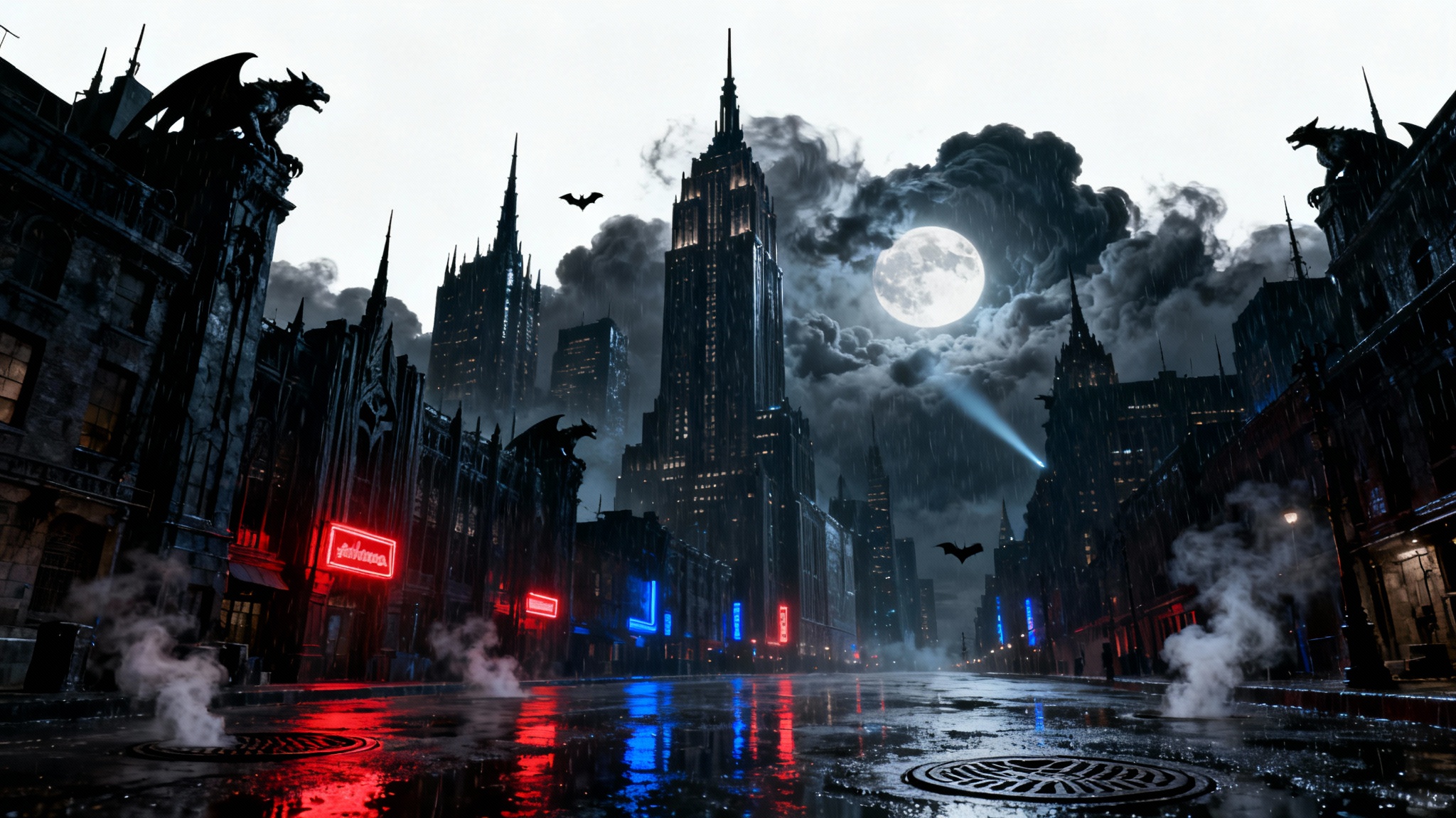A dark, cinematic wallpaper of Gotham City at night, featuring towering gothic skyscrapers, rain-slicked streets, and a faint Bat-Signal in the stormy sky.