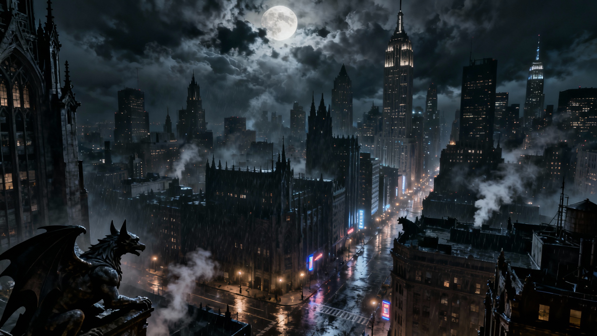 A dark and atmospheric panoramic view of Gotham City at night, featuring towering gothic skyscrapers under a stormy, moonlit sky.
