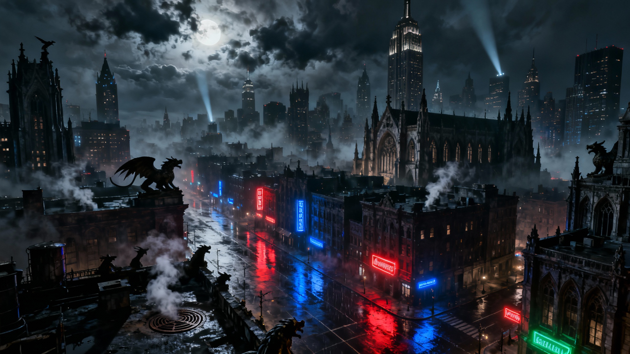 A dark, panoramic view of a gothic, neo-noir city at night, reminiscent of Gotham City. Rain-slicked streets reflect neon lights below towering skyscrapers and cathedrals under a cloudy, moonlit sky.