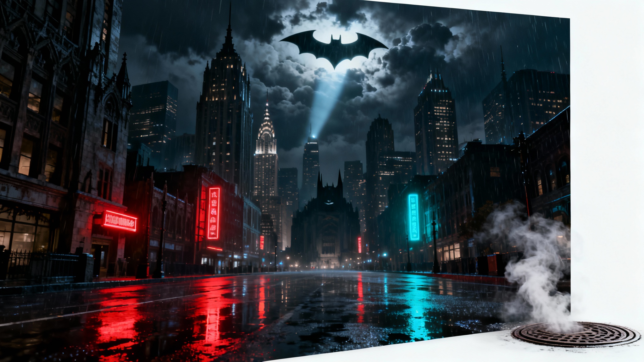 A dramatic, photorealistic wallpaper of the Gotham City skyline at night, featuring towering skyscrapers and the bat-signal shining in a dark, cloudy sky, presented as a mockup.